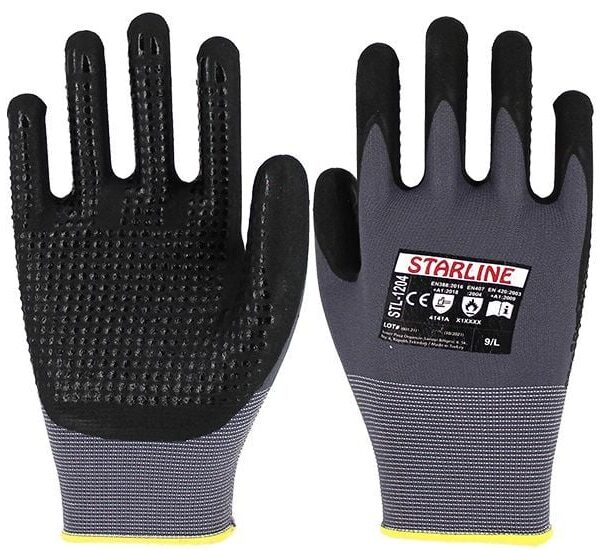 Starline STL-1204 1/2 Mikro Köpük Nitril Kaplı Avuç İçi Puan Takviyeli A Kesilmez 100° Isı Temasına Dayanıklı Eldiven EN388-4141A EN407-X1XXXX