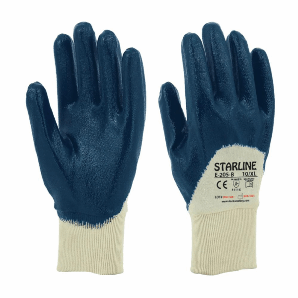 Starline E-205-B 3/4 Mavi Nitril Kaplı Pamuk Astarlı Montaj Eldiveni - İş Güvenliği İçin Üstün Koruma