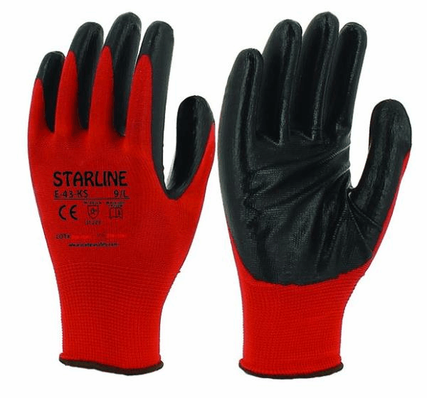 Starline E-43-KS 1/2 Nitril Kaplı İş Eldiveni - Kırmızı/Siyah, Yüksek Koruma ve Konfor