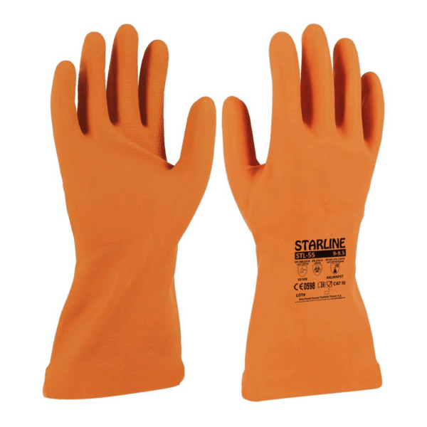 Starline STL-55 Doğal Kauçuk Kimyasal Eldiven Kalınlık : 0,55mm Uzunluk : 300mm EN388-1010X EN ISO 374-1 AKLMNPST EN374-5