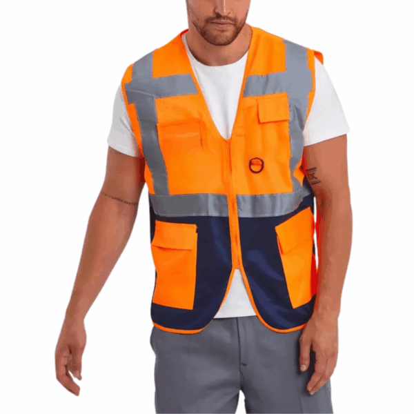 Turuncu Lacivert Hi-Vis Reflektörlü Mühendis İkaz Yeleği