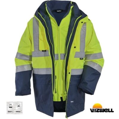 Vizwell VWJK-44 Hi-Vis Reflektörlü 5'i Bir Arada 300D Oxford Gizli Kapüşonlu Parka