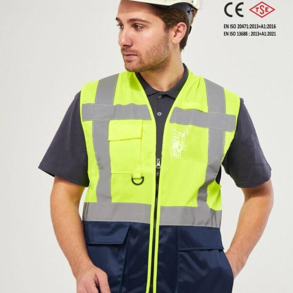 Worker West Hi-Vis Reflektörlü Sarı Lacivert Mühendis İkaz Yeleği - CE Sertifikalı