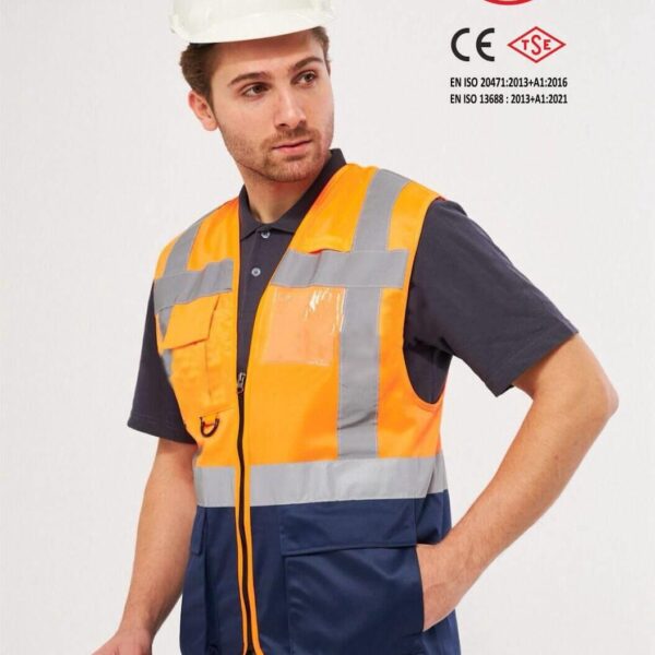 Worker West Turuncu Lacivert Hi-Vis Reflektörlü Mühendis İkaz Yeleği